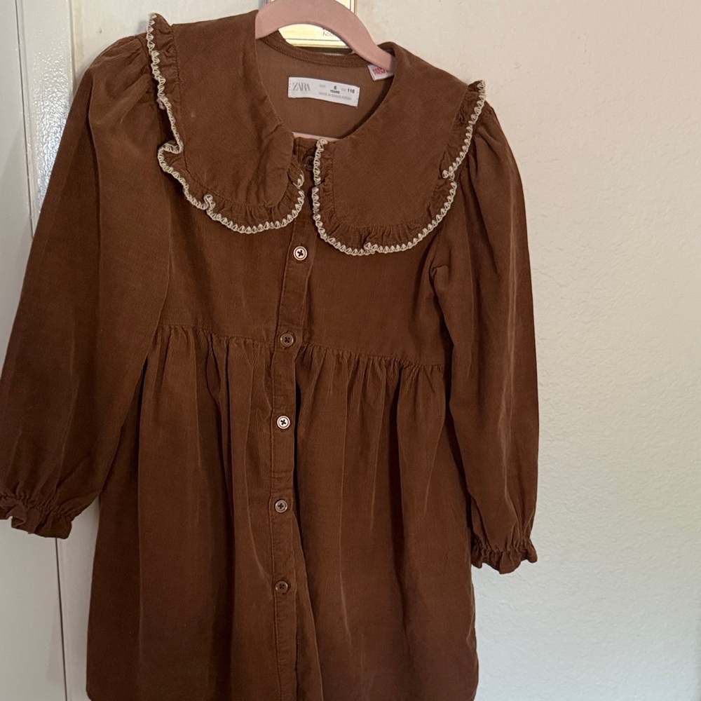 Zara Brown Corduroy Dress with Ruffle Detail